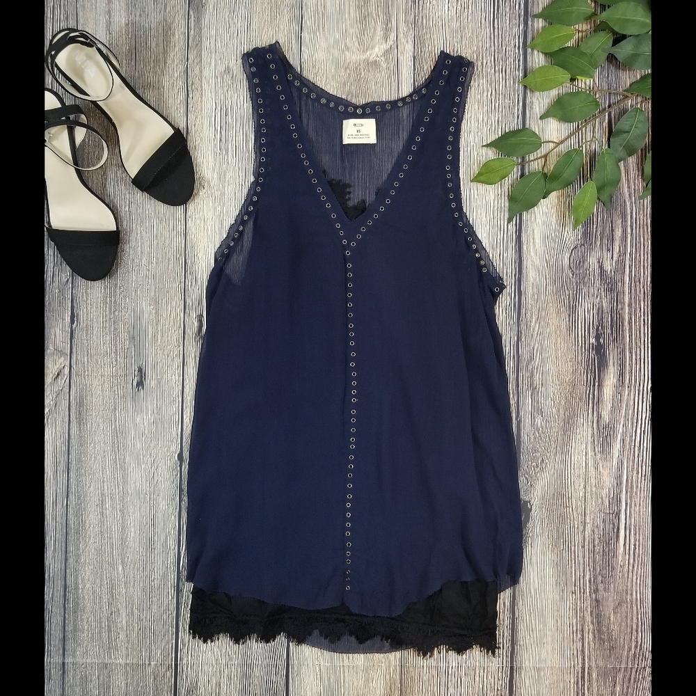 Pins and Needles Navy Grommet Accent Tank with Black Camisole Tank Top Blouse